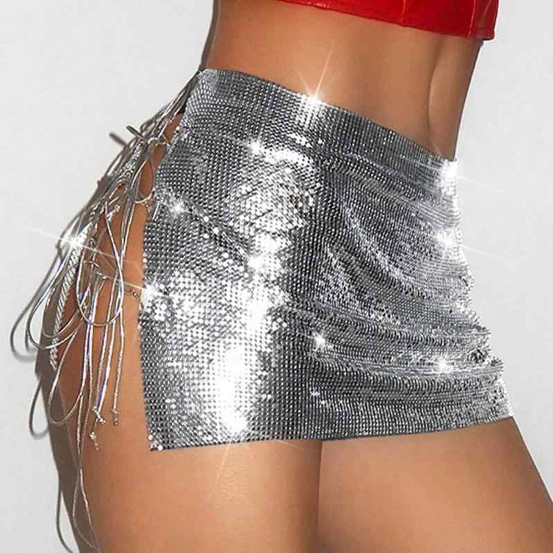 スカート レディース 春夏 メタル スパンコール セクシー ギャル ボディコン ミニ丈 ストラップ 紐付き ミュージックフェス ライブ ダンス イベント シルバー