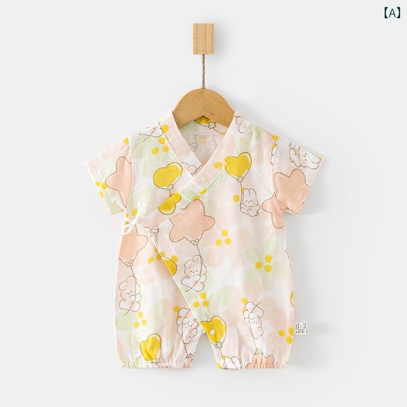 ロンパース ベビー 新生児 男の子 女の子 男女兼用 半袖 夏用 超薄手 ガーゼ 綿100% クーラー対策 前開..