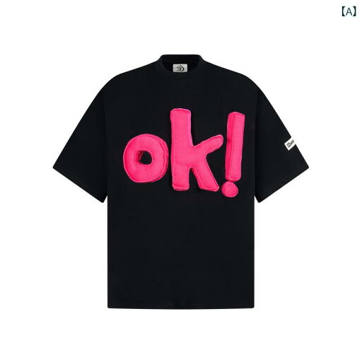 Tシャツ メンズ アメカジ オーバーサイズ ゆったり クルーネック 遊び心 立体OK人形ロゴ 綿100% カジュアル 定番 着回し カップル ペア お揃い 夏物 黒 グレー