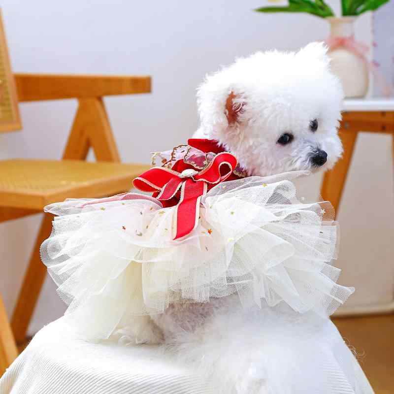 犬服 小型犬 中型犬用 かわいい おしゃれ レッドベルベット 金糸 チュール ワンピース ドレス ポリエステル素材 パーティー イベント 記念日 お呼ばれ