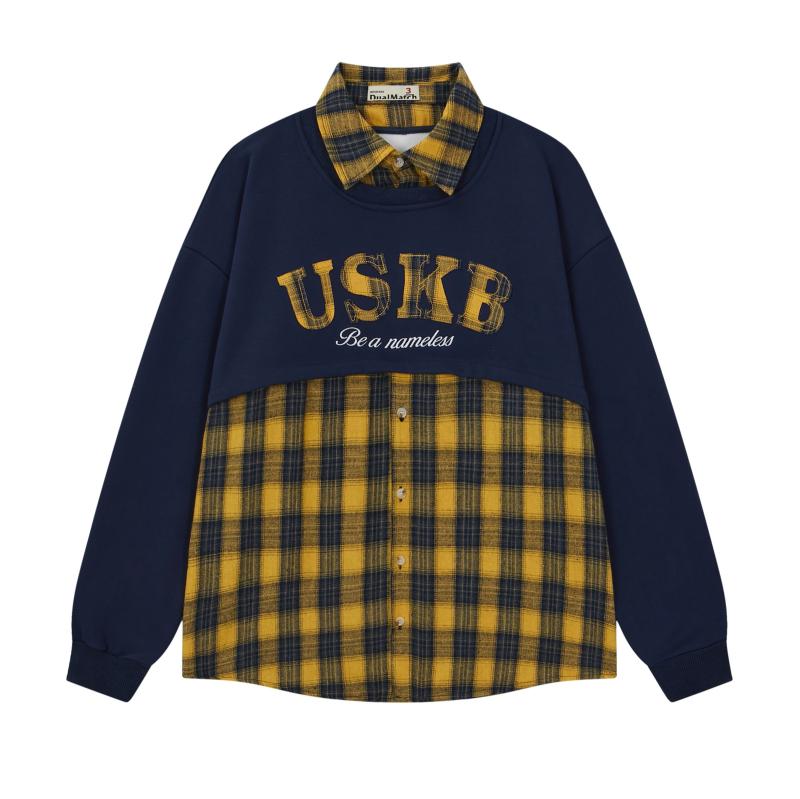 スウェット メンズ 裏起毛 重ね着風 切り替え アップリケ刺繍 ロゴ 襟付き オーバーサイズ ゆったり アメカジ アメリカンレトロ コットン ポリエステル カジュアル 秋冬 着回し カップル ペア