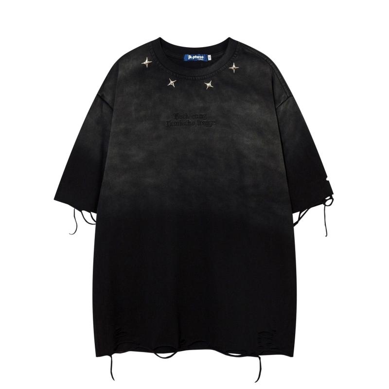 Tシャツ メンズ レディース 男女兼用 ストリート アメリカンヴィンテージ レトロ ウォッシュ加工 ダメージ加工 タイダイ ゆったり オーバーサイズ クルーネック 丸首 通気性 カジュアル 半袖 春夏 メタルデザイン