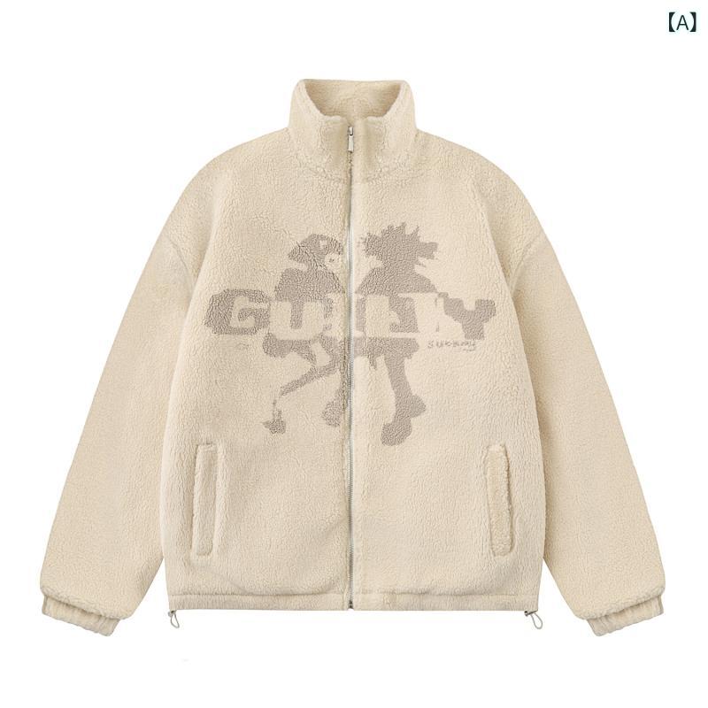 中綿 ボアジャケット メンズ レディース ゆったり ミドル丈 スタンドカラー 厚手 防寒 アメリカンレトロ柄 カジュアル アウター 秋冬