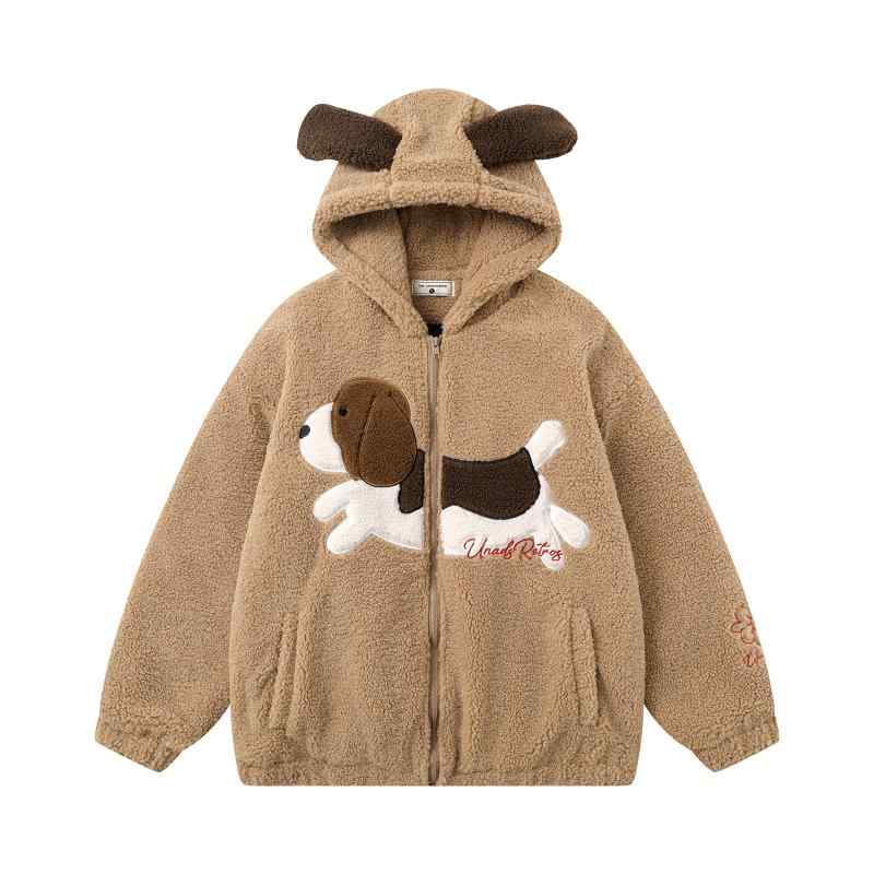 ・カテゴリ: 中綿ジャケット・スタイル: 日系カジュアル・主な素材: ポリエステル100%・裏地素材: ポリエステル100%・中綿: ポリエステル・厚さ: 厚手・着丈: ミドル丈 (65cm～80cm)・襟元: フード付き・フィット: ゆったり・前合わせ: ジップアップ・柄: 小犬・加工: 植毛・デザイン詳細: 刺繡・ポケット: サイドポケット・裾デザイン: ストレート・カラー展開: ブラウン・サイズ展開: M、L、XL・対象: 青少年・性別: 男性
