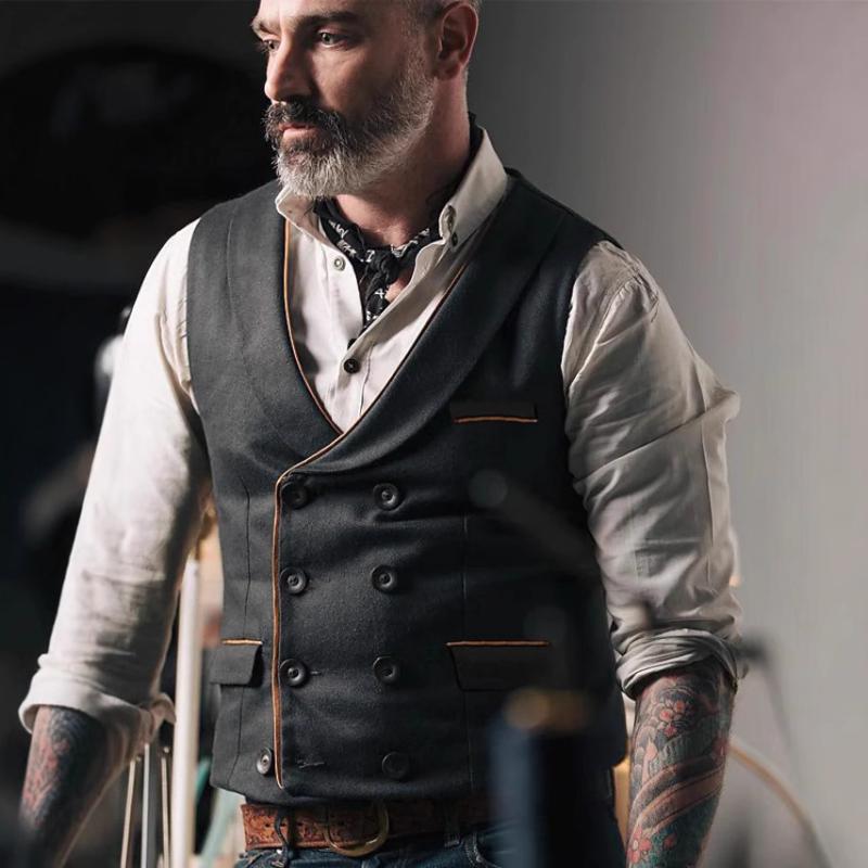 ベスト メンズ 大きいサイズ Vネック ダブルブレスト ゆったり カジュアル ジレ アウター 春秋 無地 ポリエステル ポケット付き 切り替え ストリート