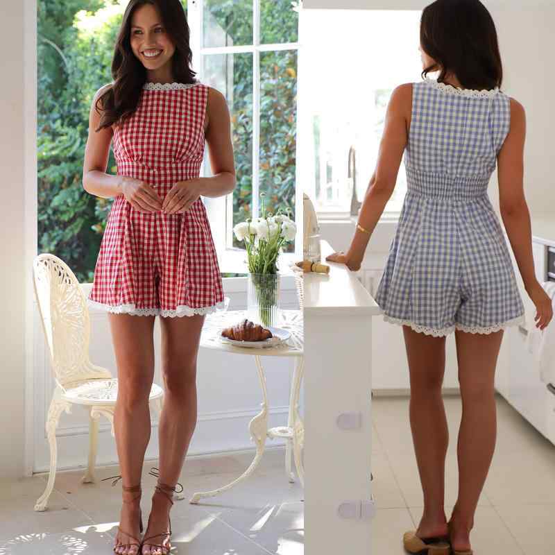 オールインワン レディース 春夏 通勤 薄手 ストレッチ ウエストマーク チェック柄 スタンドカラー ノースリーブ ショート丈 ワイドパンツ 切り替え ポリエステル