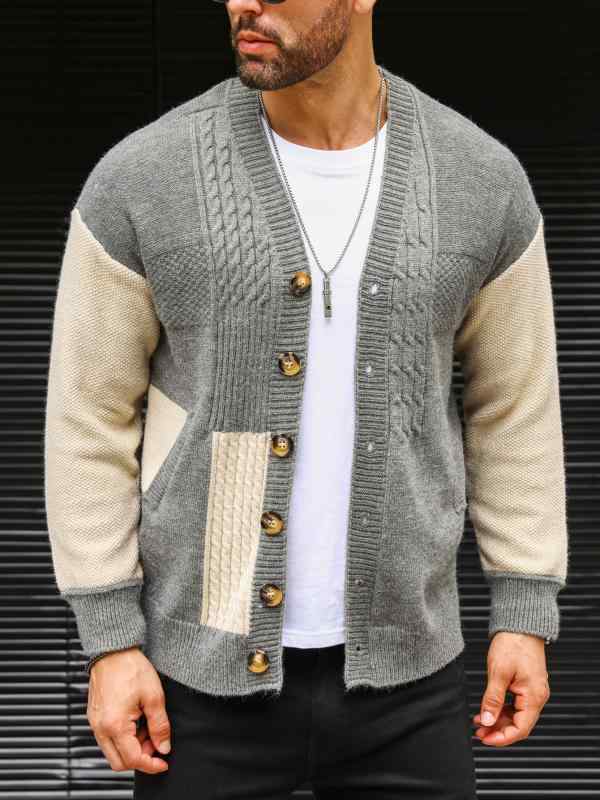 カーディガン メンズ ウォッシャブル フード付き 厚手 ラビットファー混 ニット カジュアル タウンユース 長袖 ストレートシルエット リブ裾 ライトグレー 秋冬