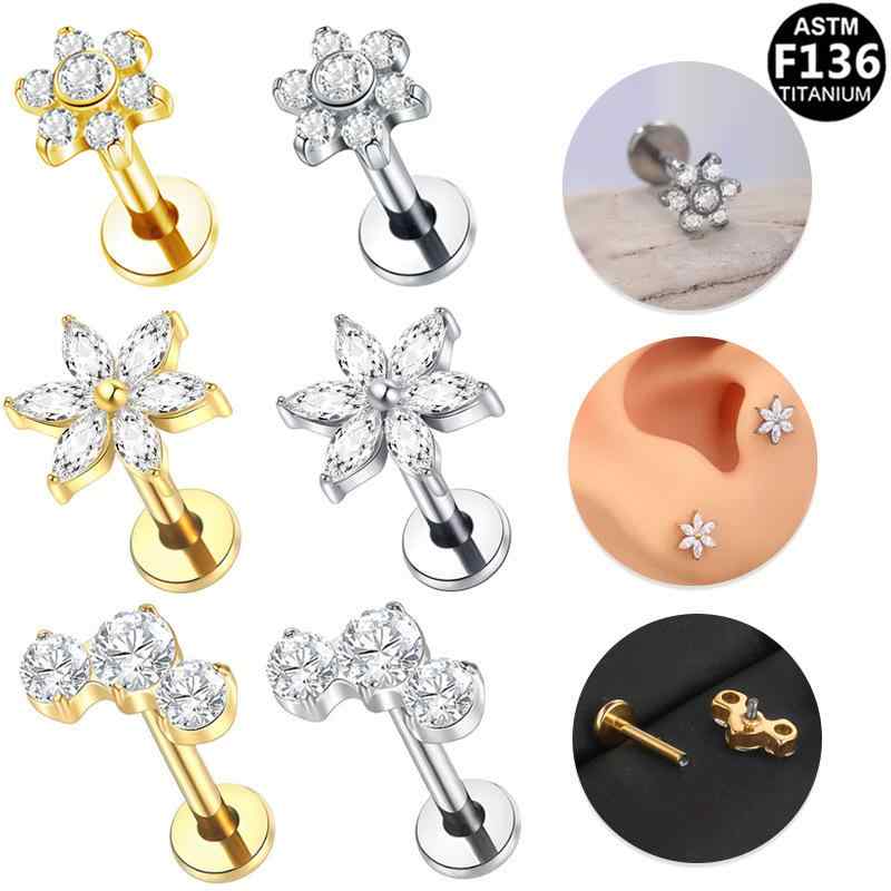 ボディピアス 男女兼用 G23 チタン合金 内ネジ式 電気メッキ加工 フラワー 欧米風 リップ 鼻 耳 軟骨用 スタッド ゴールド シルバー