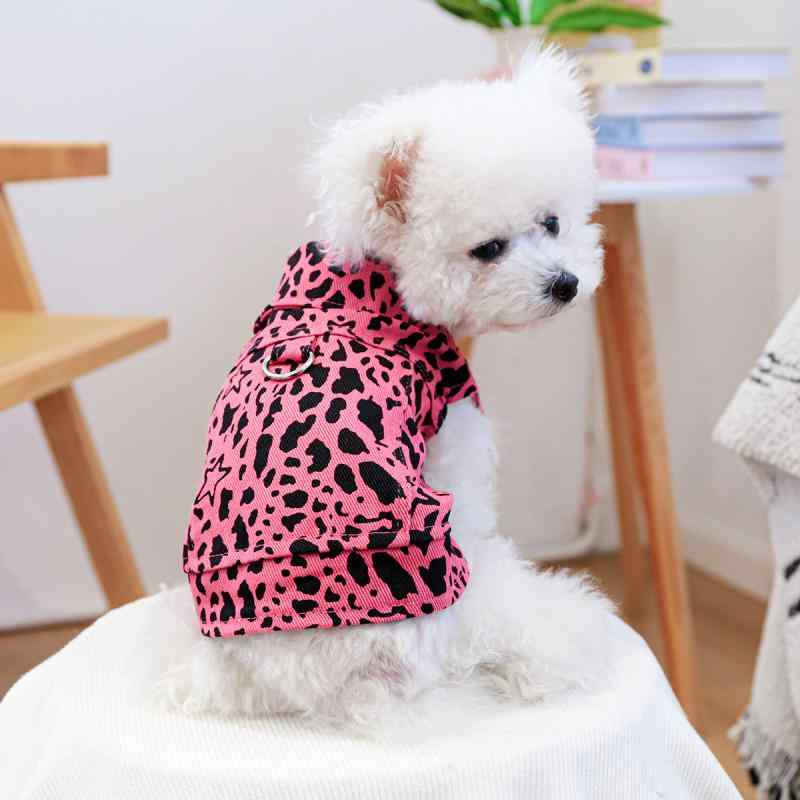 ペット服 犬猫兼用 デニムジャケット ピンク ヒョウ柄 カジュアル ポリエステル 二足タイプ 小型犬 中型犬 ドッグウェア キャットウェア お散歩着