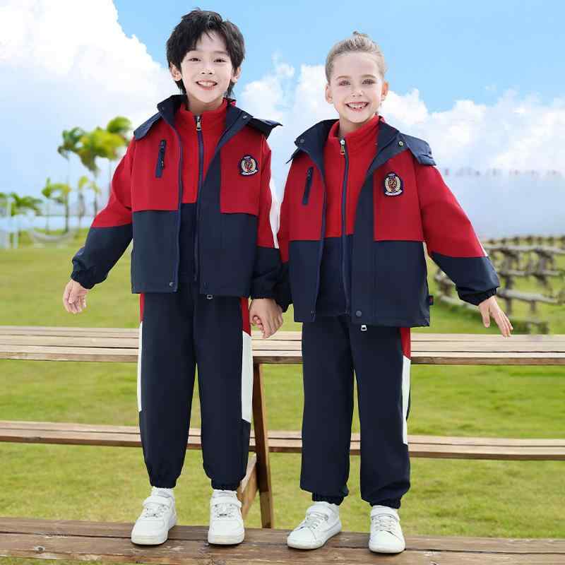 Other - 校服 キッズ ジュニア 男の子 女の子 男女兼用 ウィンドブレーカー マウンテンパーカー 3点セット レッド 春秋 ポリエステル素材 柔らか素材 着脱フード ジップアップ 幼稚園 運動会 通学 体育着 セットアップ
