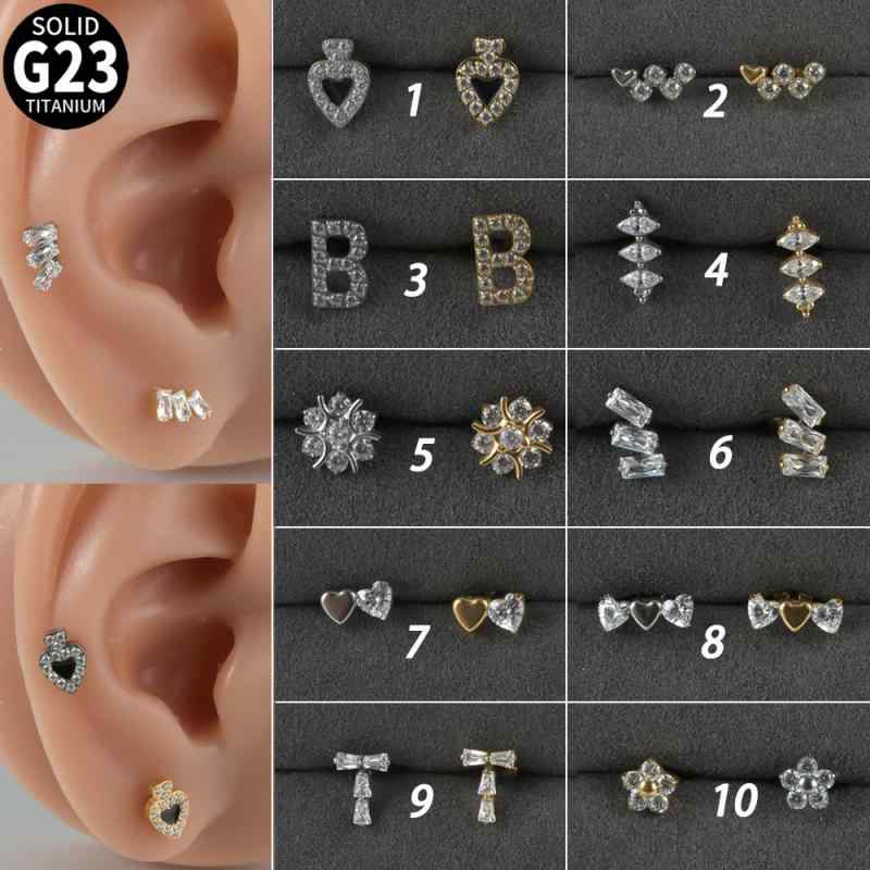 ボディピアス メンズ レディース 兼用 金属アレルギー対応 G23チタン合金 内ネジ式 リップ 軟骨 ヘリックス 口 耳用 ハート ドロップ B字型 ジルコニア 電気メッキ加工(x2)