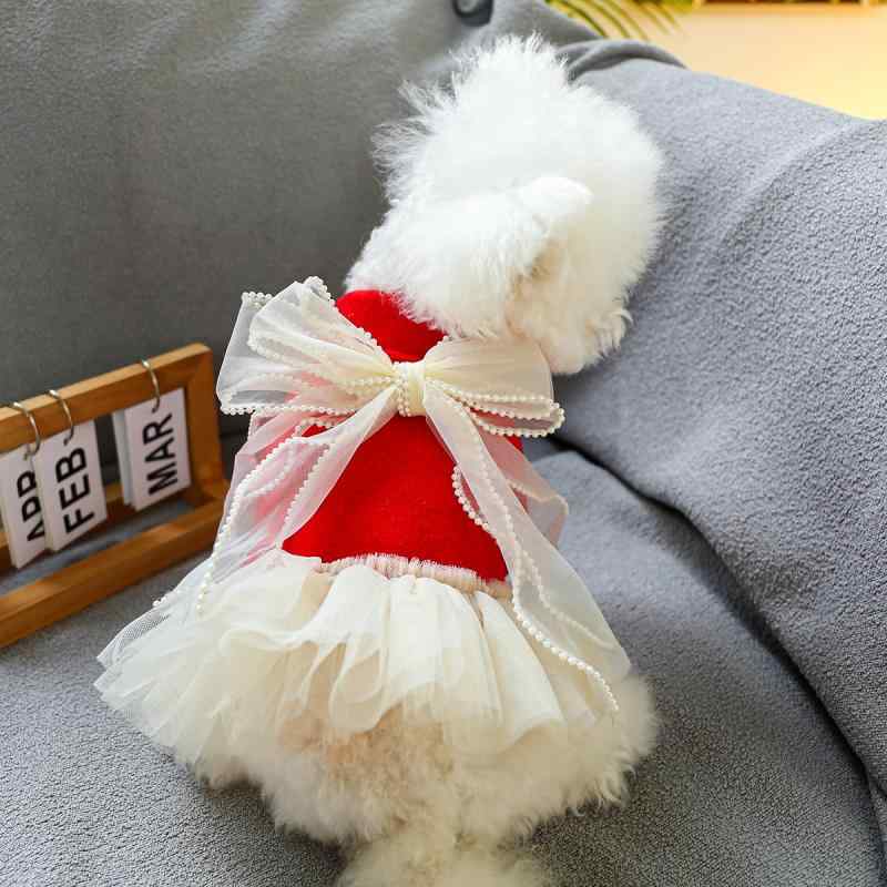 ペット服 犬 猫用 小型犬 中型犬 子猫向け 赤色 パール フリル チュールスカート ポリエステル素材 カ..