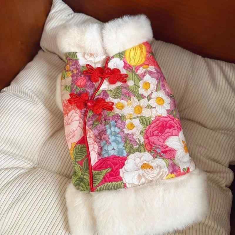ペット服 犬 猫 兼用 トイプードル ビションフリーゼ チワワ スフィンクス猫 小型犬 裏起毛 保温 防寒 二足 チャイナ服 中華服 お正月 新年 花柄 ポリエステル かわいい