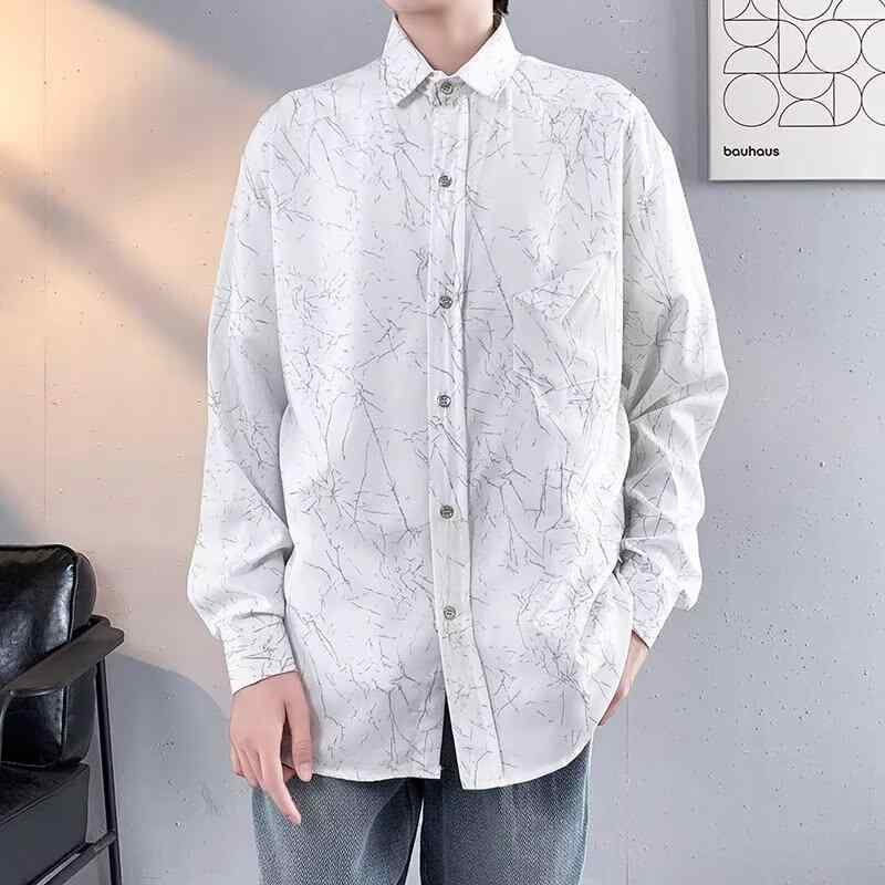 シャツ メンズ 洗濯機可 アイロン不要 色落ちしにくい 長袖 オーバーサイズ リラックスフィット クラック柄 テクスチャ感 個性派 高級感 韓国ファッション トレンド カジュアル 春秋 黒 白