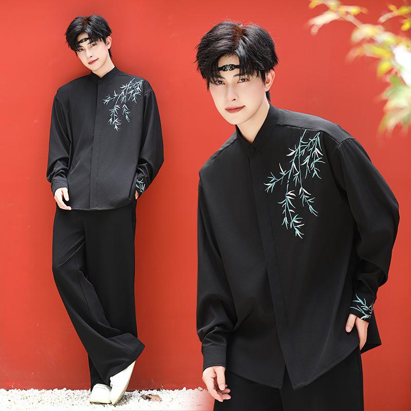 セットアップ メンズ 中華風 レトロ 青竹刺繍 長袖 ベロア トップス ウエストゴム ロングパンツ 黒 ポリエステル ゆったり カジュアル ルームウェア