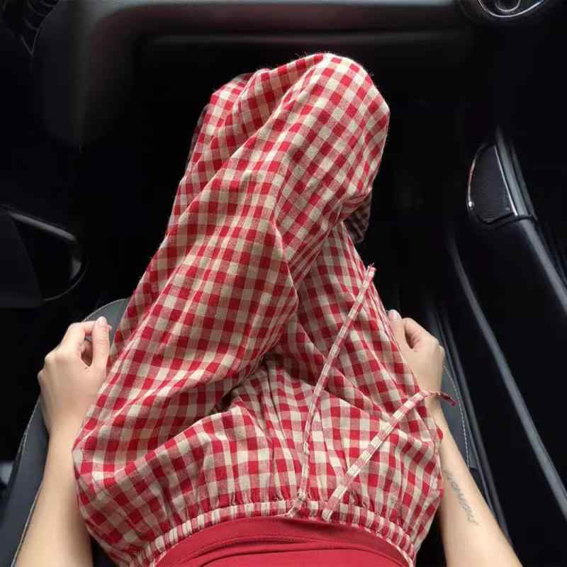 カジュアルパンツ レディース ハイウエスト ストレート ワイドシルエット ゆったり 赤 チェック柄 秋服 日韓系 リラックススタイル 着回し抜群 ポケット付き おしゃれ(4)