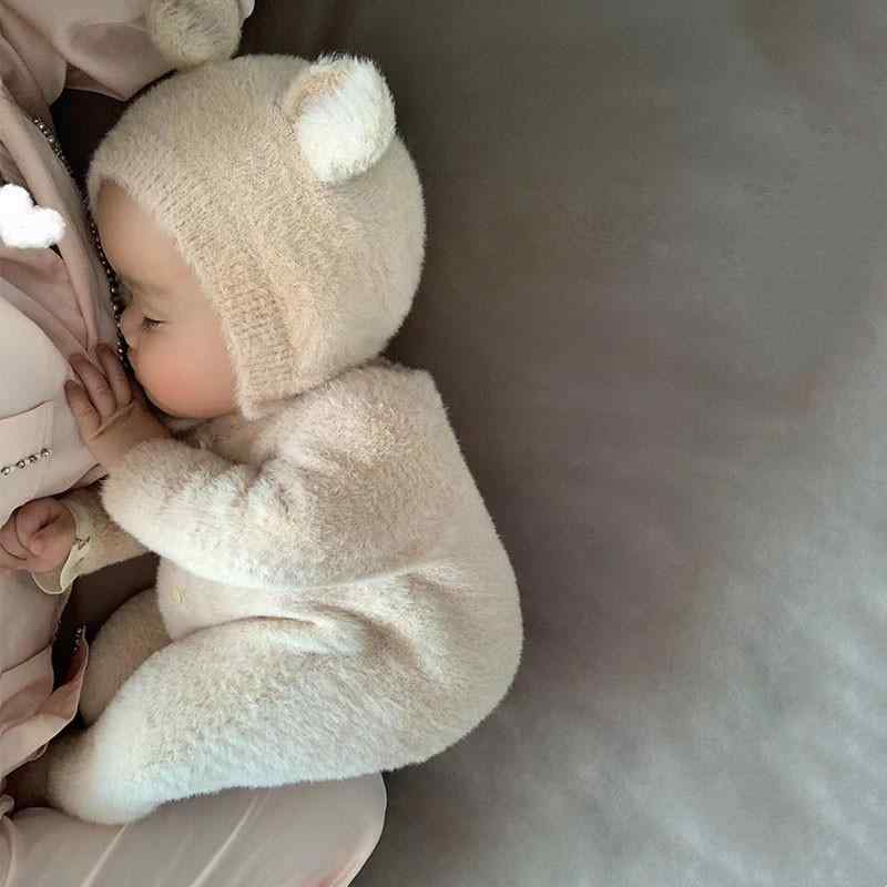 ベビー服 かわいい 長袖 ロンパース カバーオール 厚手 保温 防寒 再生繊維 春秋 100日記念写真 お食い初め ハーフバースデー 記念撮影 幼児服 キャメル 80 90 100 cm