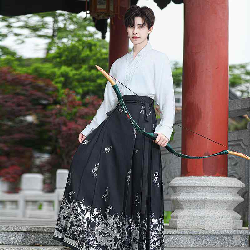 漢服 メンズ 春夏 刺繍 ジャカード 箔押し パフスリーブ 新中華風 麻混 ポリエステル トップス 馬面スカート セットアップ 日常使い 旅行 レジャー