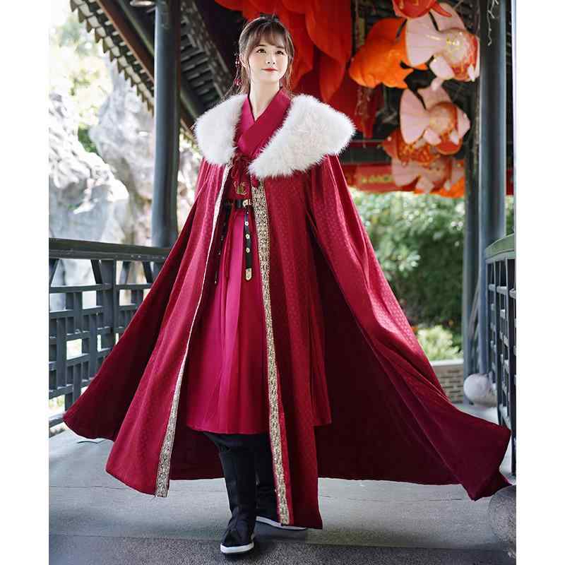 マント 男女兼用 冬季 裏起毛 高密度 ボリュームファー襟 ジャガード織り 漢服 中華風 エスニック 民族..