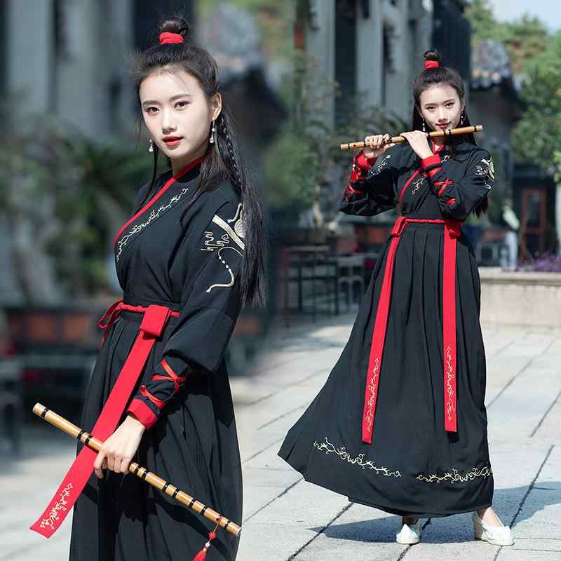 漢服 カップル ペア メンズ レディース 中国風 古装 武侠 レトロ 学生 普段着 セット 秋冬 伸縮性 ストレッチ シェニール Aライン ミニスカート エレガント 上品 大人カジュアル ブラック 大きいサイズ