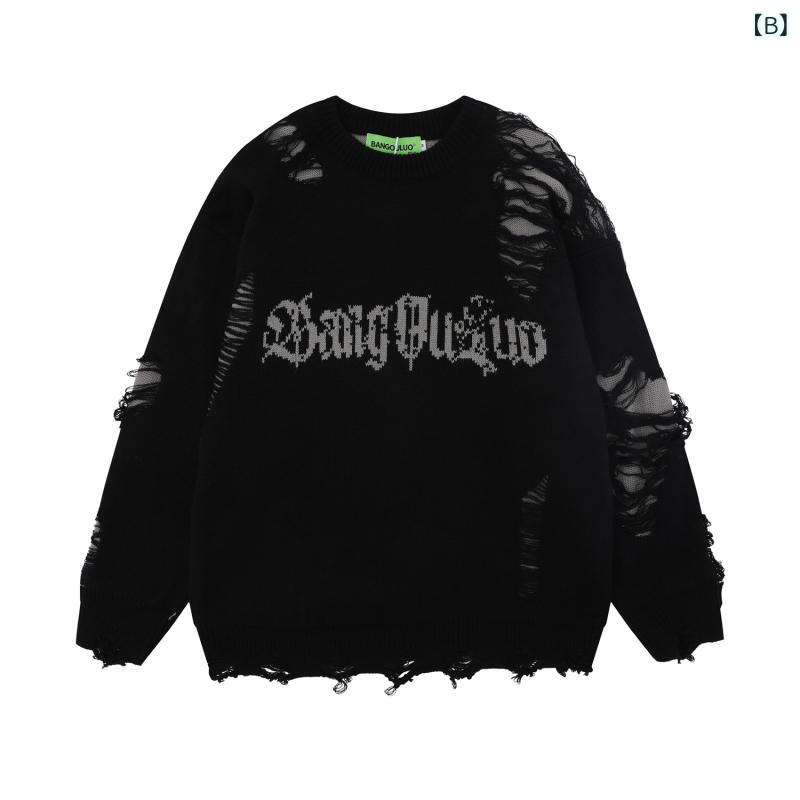 ニット メンズ トレンド ストリート系 個性的 ダメージ フリンジ アルファベット ジャガード 長袖 クルーネック ルーズフィット カジュアル アクリル