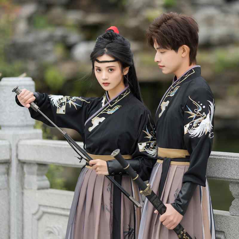 漢服 メンズ レディース 男女兼用 カップル ペア 伝統的な 交領 刺繡 シェニール ストレッチ 伸縮性 中国風 民族舞 ダンス 衣装 セットアップ