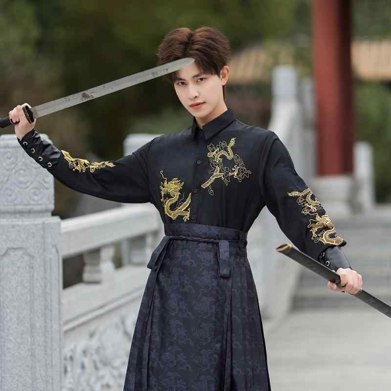 セットアップ メンズ 新中華スタイル 改良漢服 シャツ 馬面スカート 刺繡 武侠風 時代劇 レトロ 伝統 ..