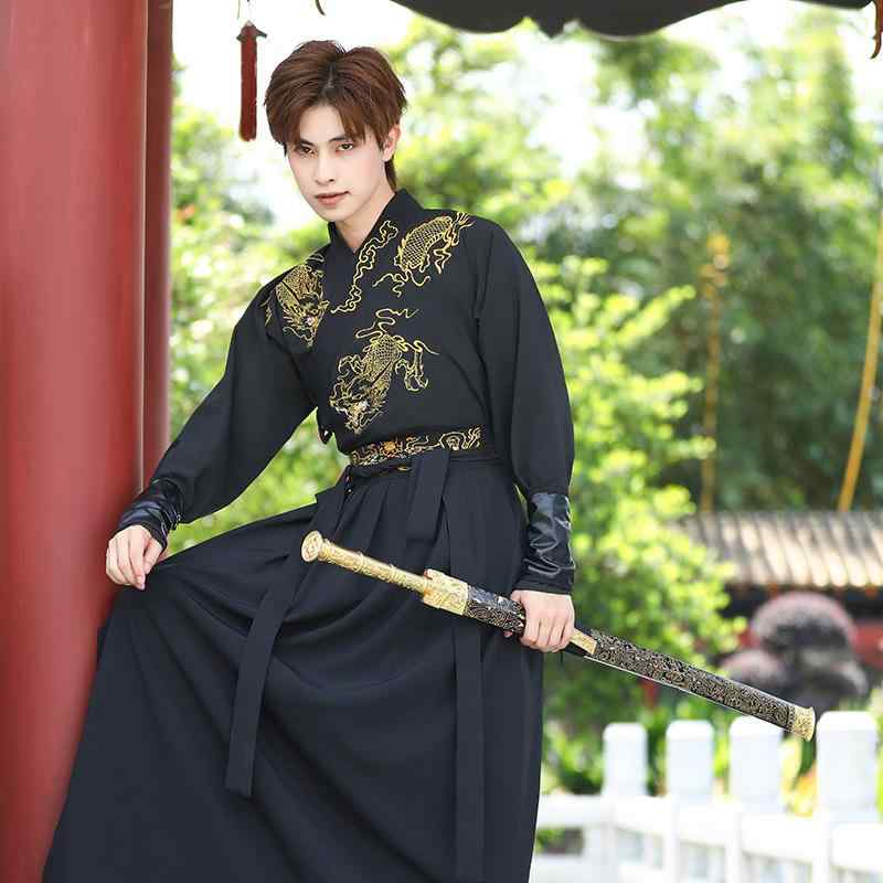 コスチューム ユニセックス 中国龍 モチーフ 威厳ある 伸縮性 武侠風 チャイナ風 伝統衣装 レトロ 黒 男女兼用 ステージ衣装 舞台衣装 ダンス イベント 学園祭 コスプレ 仮装 民族衣装