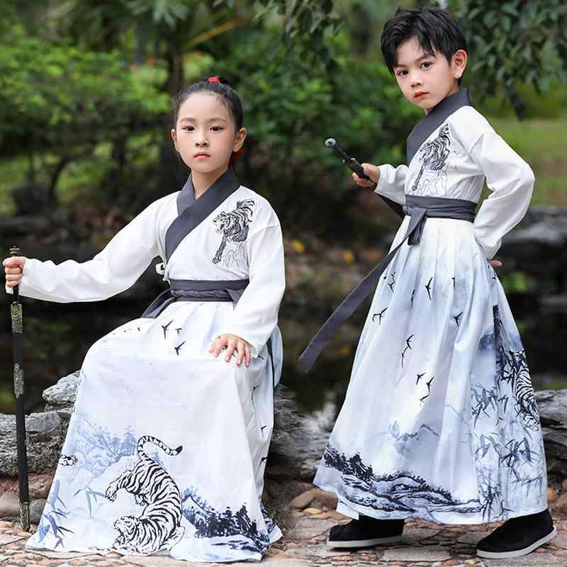 子供服 キッズ 男女兼用 民族舞踊 ダンス衣装 中国風 猛虎柄 交領襦裙 漢服 2点セット 古風 発表会 シェニール スパンデックス ゲームテーマ