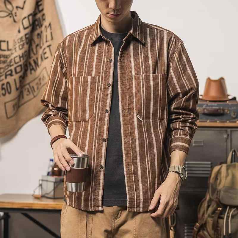 シャツ メンズ 男性用 イージーケア 形態安定 コーデュロイ ストライプ柄 長袖 ゆったり ルーズフィット 大人カジュアル 高級感 襟付き 春秋 羽織り