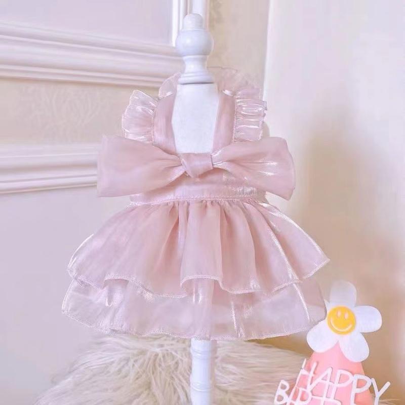 ペットウェア ワンピース 春夏 フリル袖 リボン チュール ドレス ポリエステル 犬 猫 トイプードル ビションフリーゼ 小型犬 かわいい お出かけ お散歩 フォーマル ピンク