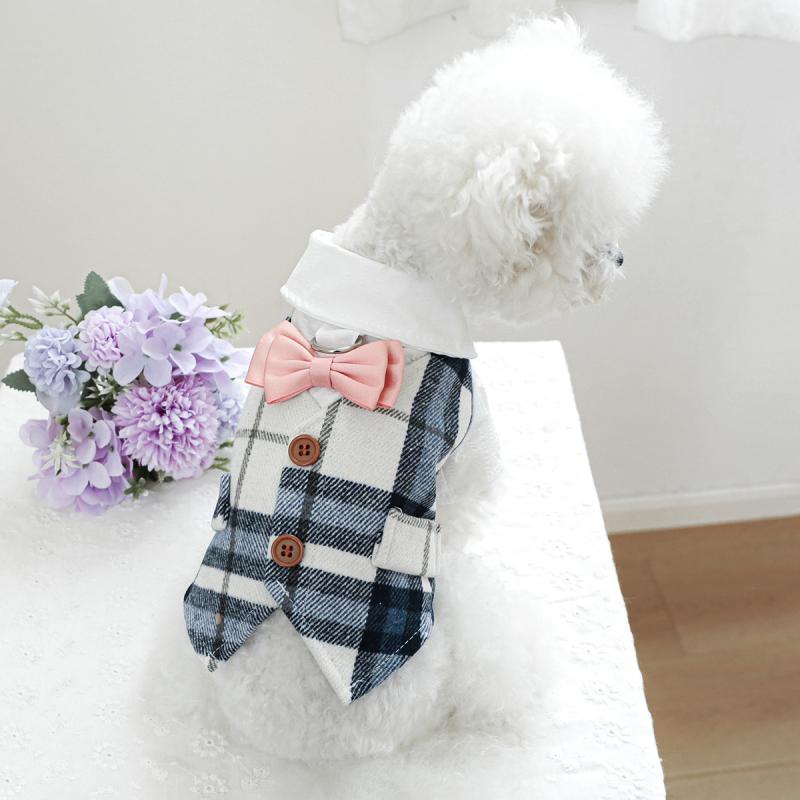 ペット服 犬 猫 兼用 小型犬 中型犬用 秋冬 保温 暖かい 防寒 青チェック柄 ブルーチェック タキシード 燕尾服 フォーマル 結婚式 お出かけ イベント 洋服