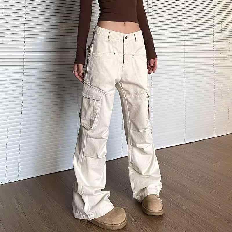 カーゴパンツ ユニセックス マルチポケット イージーケア 耐摩耗 色落ちしにくい ストリート アメカジ ルーズ ストレートシルエット 春夏 カジュアル ポリエステル アプリコット