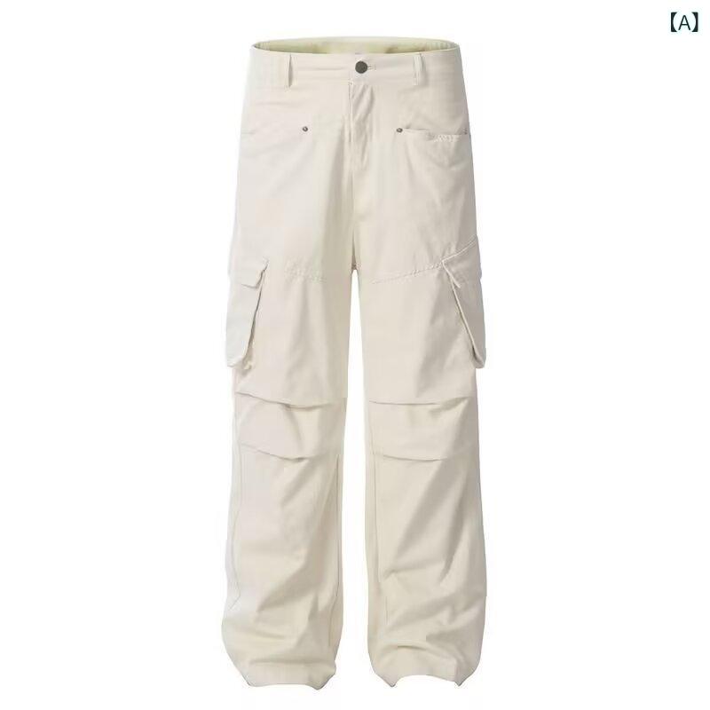 カーゴパンツ ユニセックス マルチポケット イージーケア 耐摩耗 色落ちしにくい ストリート アメカジ ルーズ ストレートシルエット 春夏 カジュアル ポリエステル アプリコット