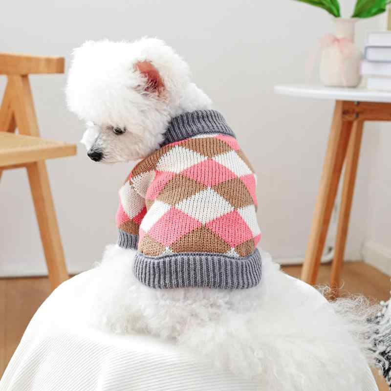ペット服 犬 猫 秋冬 暖かい 防寒 カジュアル おしゃれ ピンクベージュ 菱形柄 ポリエステル ニット セ..