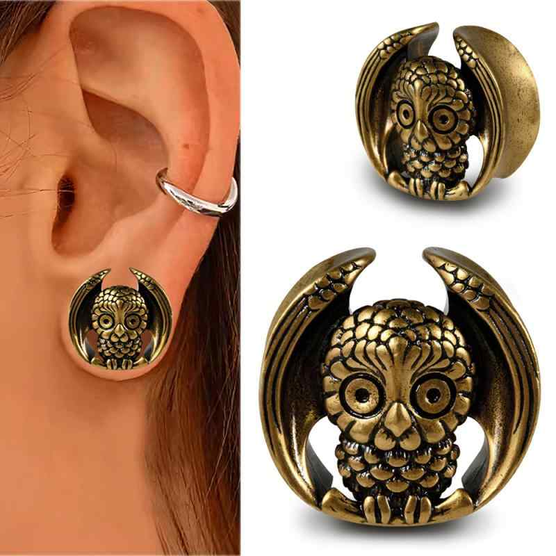 拡張ピアス ユニセックス レトロ ヴィンテージ 古銅色 フクロウ モチーフ 個性的 U字型 銅製 耳たぶ用 ..