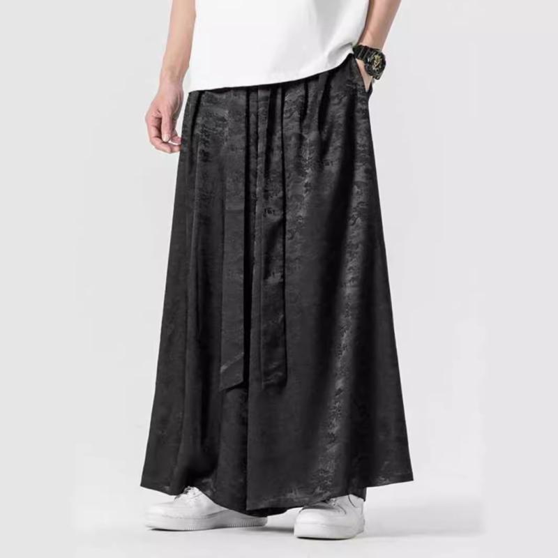 パンツ メンズ 男性用 薄手 ストレッチ ウエスト紐 水墨画風プリント エスニック レトロ 民族柄 スカート風 ルーズ ワイドパンツ 夏 部屋着 普段使い 黒 ブラウン 大きいサイズ