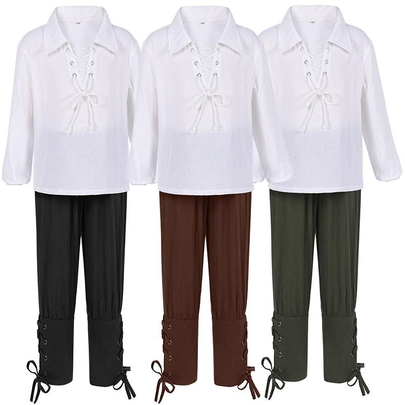 コスチューム キッズ 子供用 ポリエステル素材 中世風 海賊 衣装 ルネサンス風 シャツ 九分丈パンツ ハロウィン コスプレ 仮装 イベント 演劇 スコットランド風 グリーン ワインレッド ブラック