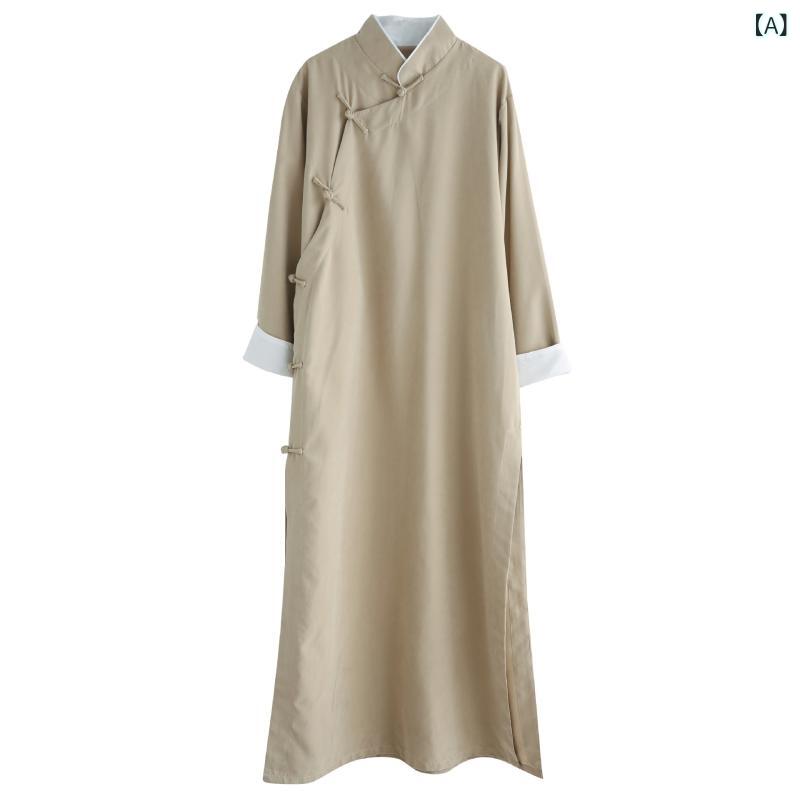 唐装 メンズ 中国風 チャイナ服 雪花サテン スタンドカラー 無地 ミドル丈 コットン ピーチスキン 羽織り カジュアル 春夏