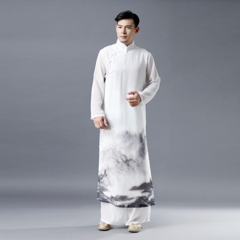 民族衣装 メンズ 夏物 ゆったり ロング丈 盤扣 山水柄 プリント 中国風 中華風 伝統衣装 カジュアル 普段着 舞台衣装 ロングガウン