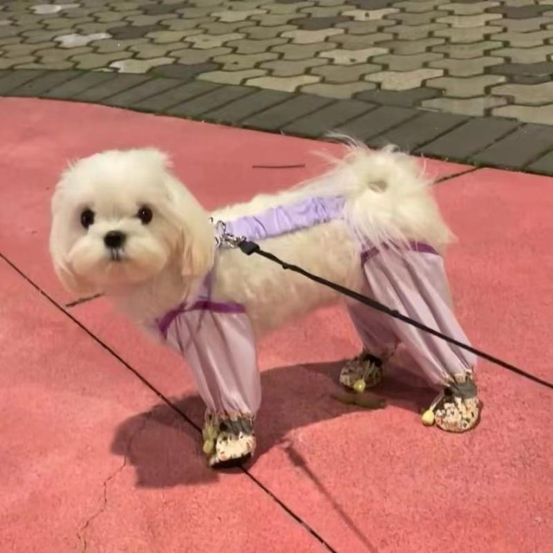 犬服 小型犬用 春夏 防汚 防虫 軽量 薄手 通気性 四脚ロンパース お散歩パンツ ルームウェア ポリエステル素材 パープル レッグガード