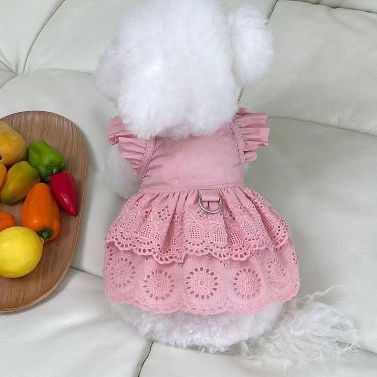 ペットウェア 春夏 レース フリル袖 リードフック 薄手 ポリエステル 小型犬用 お出かけ お散歩 プリン..