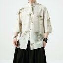 シャツ メンズ 接触冷感 ゆったり 半袖 竹柄 カジュアル チャイナ風 モダンデザイン 漢服スタイル スタンドカラー ポリエステル