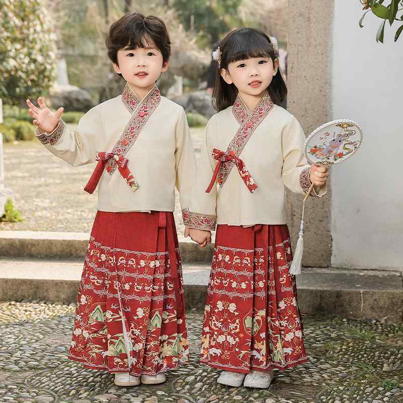キッズ 衣装 男の子 女の子 兄妹お揃い 春秋 綿素材 柔らかい肌触り 発表会 イベント お遊戯会 漢服 馬面裙 中国風 民族衣装 セットアップ