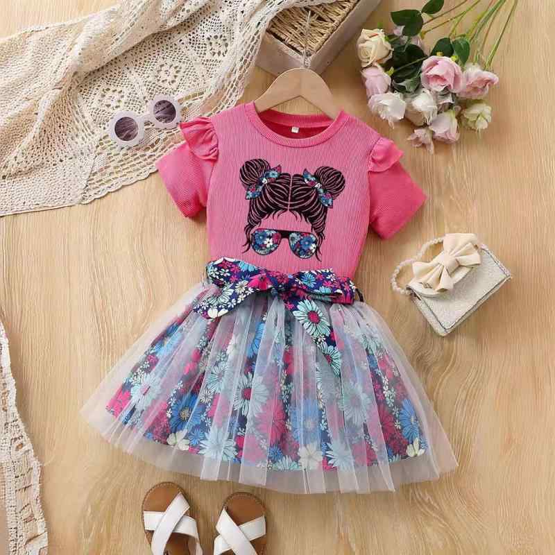 スカートセット キッズ 女の子 春夏 薄手 やわらか 半袖 おしゃれ かわいい メガネ柄 普段着 ポリエス..