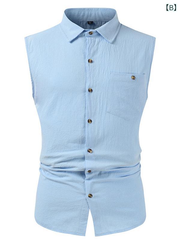 シャツ メンズ ゆったり リラックスフィット 薄手 通気性 ウォッシャブル 綿麻混 オープンカラー ノースリーブ ポケット付き カジュアル シンプル デイリー 普段着 夏用