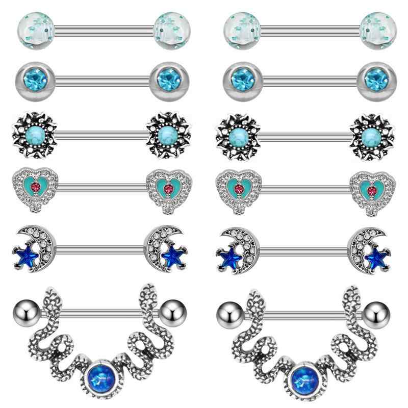 ボディピアス ニップルピアス 男女兼用 ユニセックス 欧米風 ハート 星 月 モチーフ ブルー系 亜鉛合金製 シンプル ファッション アクセサリー