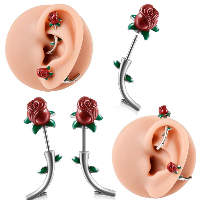 ピアス 男女兼用 ステンレス製 外ネジ式 18G 電気メッキ加工 赤い薔薇 ローズ 花 軟骨ピアス 耳骨ピアス アウターコンク トラガス ファッション アクセサリー(x2)