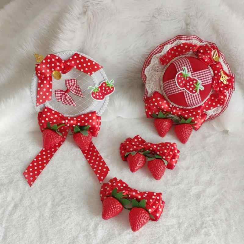 ヘアアクセサリー レディース ロリータファッション かわいい 甘め イチゴモチーフ レッド リボン ミニハット ヘアクリップ 髪飾り ヘッドドレス 布製