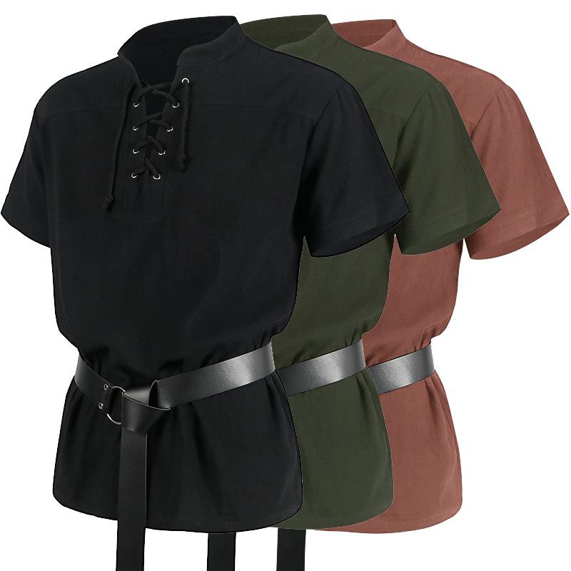 シャツ メンズ レースアップ 半袖 中世 ルネサンス ゴシック ジャガード織り ポリエステル素材 演劇 ステージ衣装 舞台衣装 コスプレ エレガント